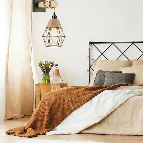 Aksipo 1 Pack E27 Industrial Hemp Rope Pendant Lamp Shade, Small Vintage Boho Hanging Light Shades, Mini Rustic Metal