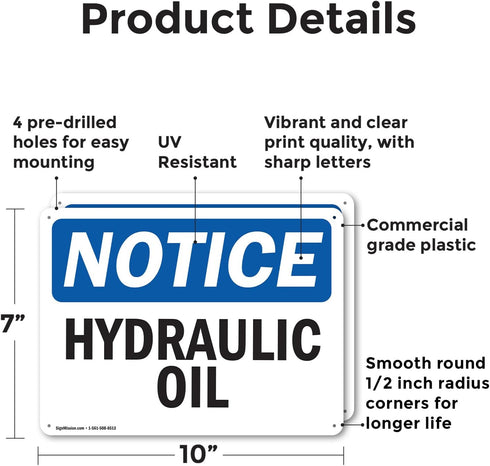 (2 Pack) Hydraulic Oil OSHA Notice Sign 10 Inch X 7 Inch Plastic Sign, Weather Resistant, UV Protected for Workplace, Business, and Construction Site, Made in the USA by SignMission