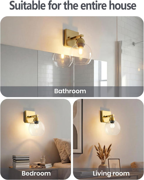 Ruibutrade 1-Light Bathroom Light Fixtures, Matte Gold Vanity Light with Hand-Blown Thick Glass Shade, High Clarity
