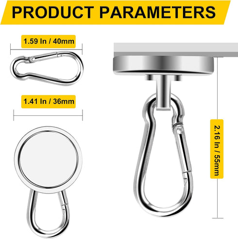 DIYMAG Magnetic Hooks,150LBS Strong Heavy Duty Neodymium Magnet Hooks with Swivel Carabiner Hook,Great for Your Refrigerator and Other Magnetic Surfaces, Pack of 4 by DIYMAG