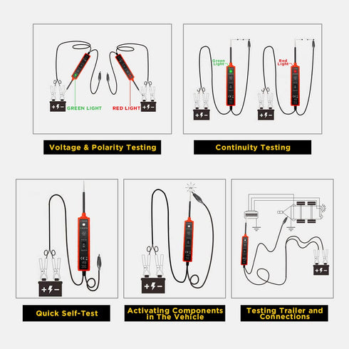 Power Circuit Probe Tester 6V-24V DC Test Light with LED Light, Long Test Lead, Overload Protection, Polarity Identify
