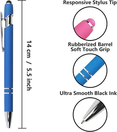 Ballpoint Pen with Stylus Tip, Soft Touch Click Metal Pen, 1.0mm Medium Point, Black Ink, 12 Count(Blue) by Oddmoal