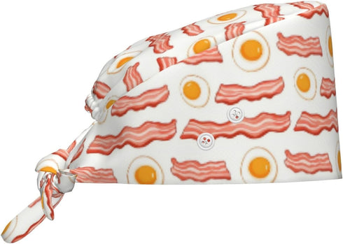 Nurse Scrub Cap Men Women with Buttons - Cute Eggs Bacon Print