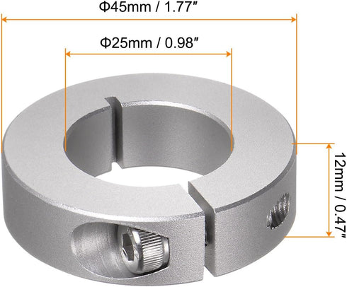 2pcs Shaft Collar 25mm Bore Aluminum Alloy Set Screw Split Clamp-On Collars, 45mm OD, 12mm Width, for Wheel Barrow Axle, Gearbox Assemblies, Machine Tools, Industry, Anodization