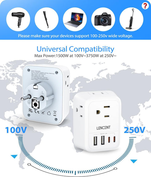 LENCENT Germany France Travel Power Adapter, Schuko Type E/F Plug Converter with 4 Outlet, 4 USB Charger (2 Type C).