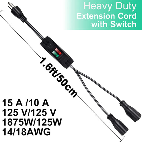 2 Way Extension Cord with On/Off Switch, Heavy Duty 3 Prong Outdoor Splitter, 1.6 Ft, Black