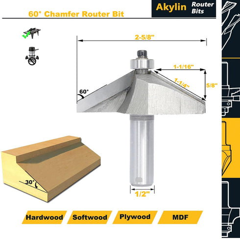 60 Bit,1/2" Shank,1-1/16" Depth,5/8" Degree Chamfer Router Cutting Cutting Length Horse Nose Bevel Bits,Eased Edge