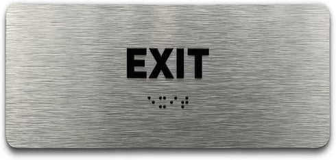 Exit Identification Sign - ADA Compliant, Raised Icons, Braille, Brushed Aluminum, 7"W x 3"H, Made in USA