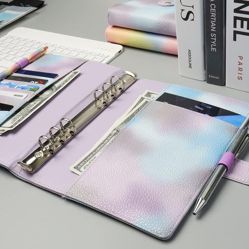 Purple PU Leather Budget Binder Cover for A5 6-Ring Money Organizer, Refillable with Card Pockets