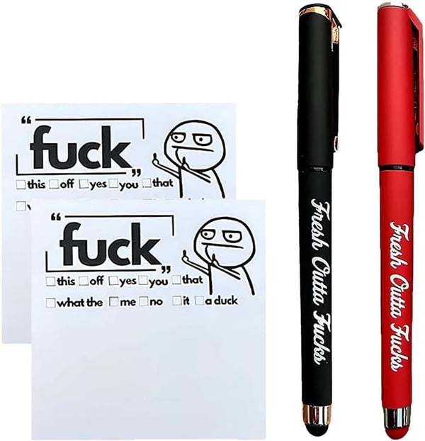 Fresh Outta Fucks Pad and Pen, Funny Sticky Notes and Pen Set, White Elephant Gift, Novelty Pen for Friends