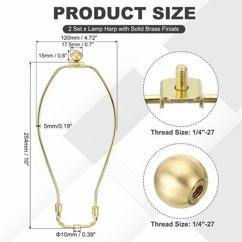10 Inch 17.5mm 2 Set PATIKIL Lamp Harp Kit with Solid Brass Ball Finial, Heavy Duty Bracket with Standard Saddle