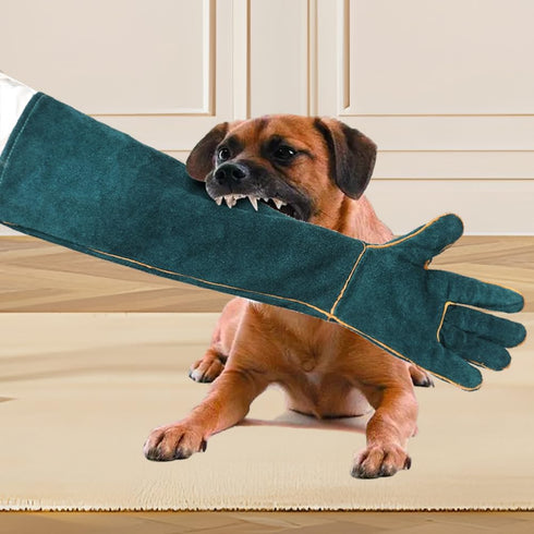 1 Pair Animal Handling Gloves, Bite Proof Leather Welding Gloves, 24.4in Reinforced with 2 Tweezers for Dog Training