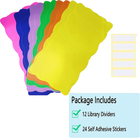 wootile 24Pcs 6"x 12" 12Pcs Library Shelf Dividers for Shelves with Blank Stickers Colored Book Shelf Dividers Library