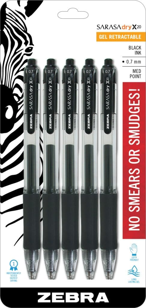 Zebra Pen Sarasa Retractable Gel Pen, Medium Point, 0.7mm, Black Ink, 5-Pack