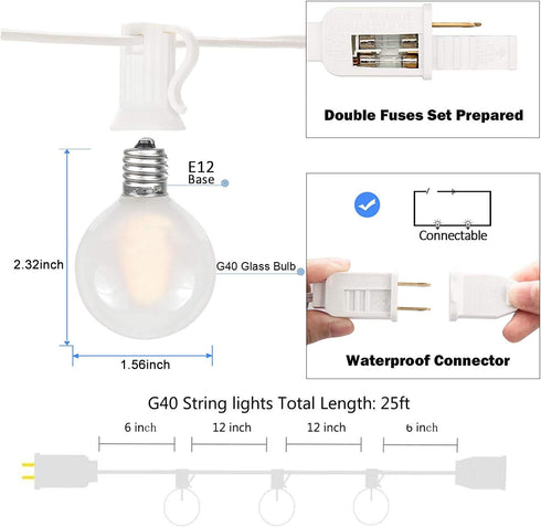 25Ft G40 27 G40 Bulbs, LED Outdoor Christmas Frosted White String Lights with White Pearl Shatterproof Connectable