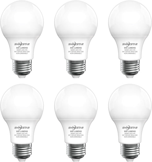 SHINESTAR A19 LED Light Bulb 60W Equivalent E26 Base 9W 5000K Daylight 800 Lumens Non-Dimmable, 6-Pack