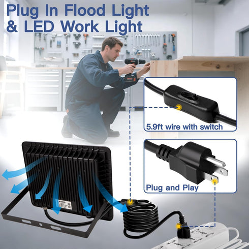 2 Pack 60W 6000lm 5.9FT IP66 6000K Ceena Plug in LED Flood Light Outdoor, Super Bright Floodlight with Switch and Wire