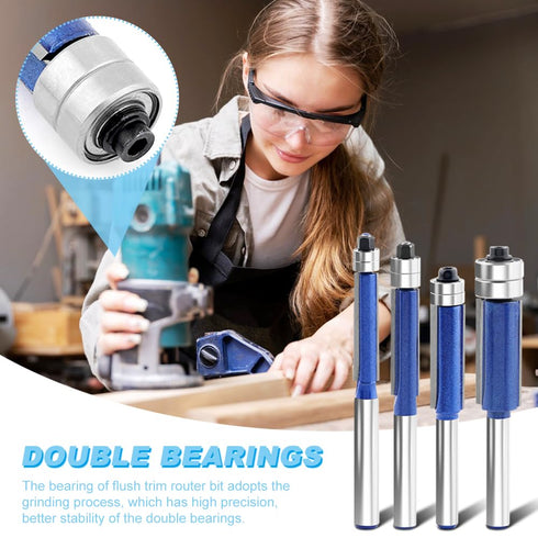 4Pcs 1/4 Inch Set, 1/4", 5/16", 3/8", 1/2" HONUTIGE Top Bearing Flush Trim Router Bits, Shank, Professional Straight