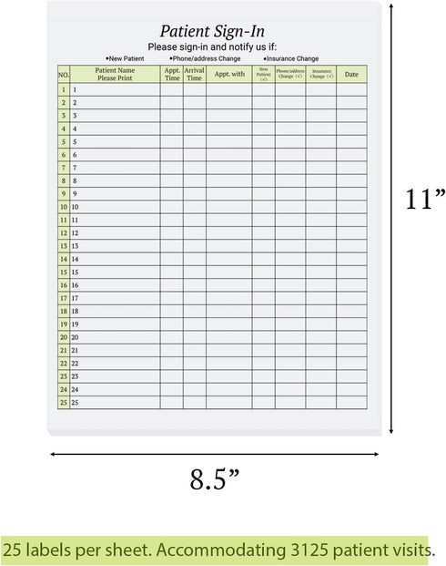 125 Patient Sign in Sheets, HIPAA Compliant, 3 Part Carbonless Forms for Medical Offices, 3125 Labels