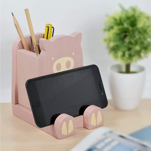 Wood Multipurpose Eyeglass Phone Pen & Pig Pencil Holder, Desk Box Organizer Accessories Decor, Home Office Desktop
