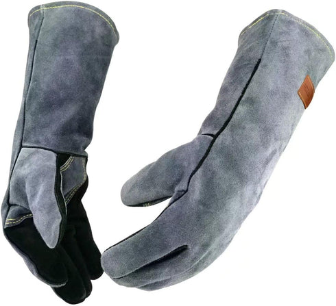 14 Inches Leather Forge Welding Gloves, Heat/Fire Resistant Mitts for BBQ, Oven, Grill, Fireplace, Black-gray