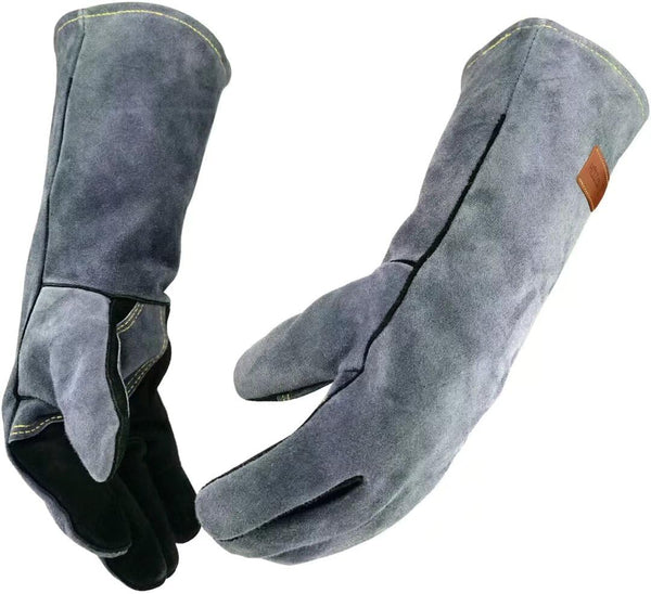 14 Inches Leather Forge Welding Gloves, Heat/Fire Resistant Mitts for BBQ, Oven, Grill, Fireplace, Black-gray