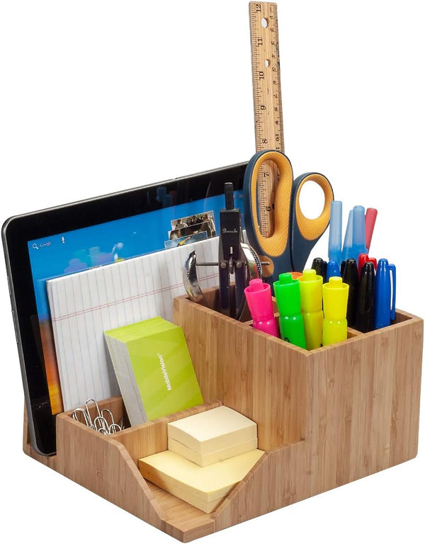 MobileVision Bamboo Multi-Function Desktop Organizer - Store Notepads, Folders, Paperclips, Business Cards & More