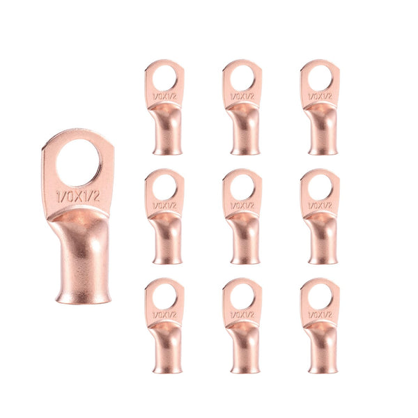 10pcs 1/0 AWG-1/2” Ring Terminals, 0 Gauge Copper Wire Lugs Battery Cable Ends