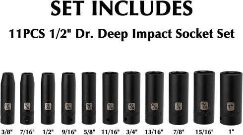 11PCS 1/2" Set, 6-Point, 11 1/2-Inch 3/8 Inch 1 Inch EMENTOL Drive Deep Impact Socket CR-V, Pieces SAE Sockets