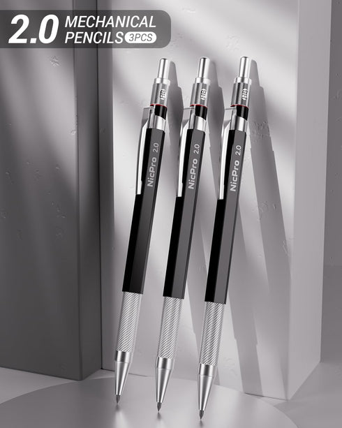 Nicpro 2mm Metal Mechanical Pencil Set with Case, 3PCS Lead Holder 2.0 mm, 144PCS Lead Refills, Eraser, Sharpener