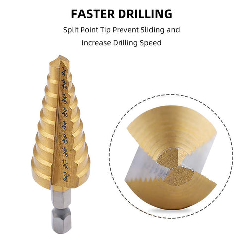 Aleric Step Drill Bit Set, Titanium Coated, High Speed Steel Cone Bits for Sheet Metal Hole Drilling, 3pcs
