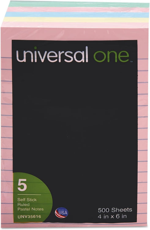 Universal UNV35616 100 Sheet Lined 4 in. x 6 in. Self-Stick Note Pads, Assorted Pastel Colors (5/Pack)