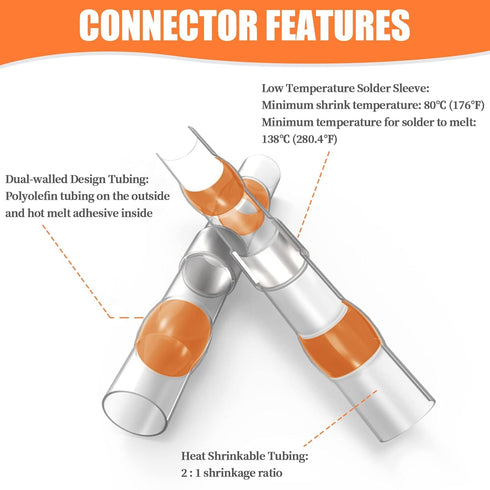 200PCS Solder Seal Wire Connectors Orange 8 AWG, Marine Grade Self Soldering Heat Shrink Waterproof Electrical Butt