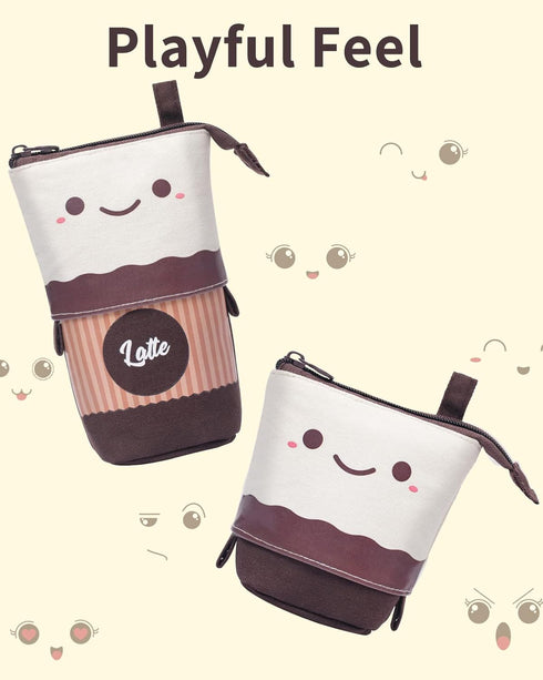 Sooez Kawaii Stand Up Pencil Case, Spacious Telescopic Pouch for School & Office Supplies - Brown Coffee
