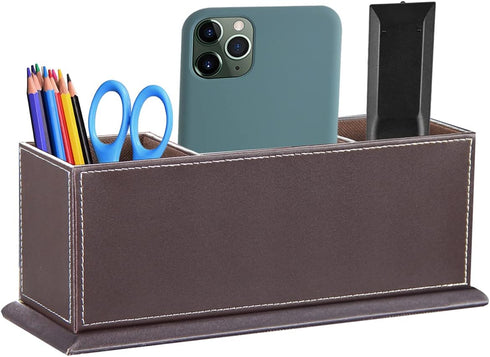 PUSU Desk Pencil Holder - PU Leather Pen Holder for Desk, Multifunctional Organizer with 4 Compartments