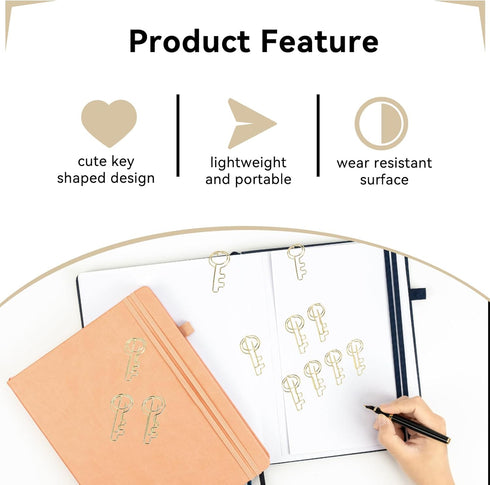 Key Shaped Paper Clips, 100Pcs Metal Bookmark Clips, Gold Wire for Home School Office Document Organizing