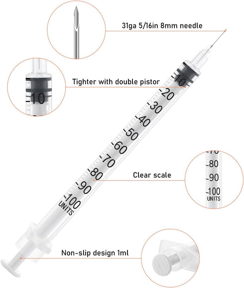 U 100 1cc Syringe 1ml 31 Gauge 5/16 Inch 8mm with Disposable Gauze Pads, Individual Package, 20 Pack