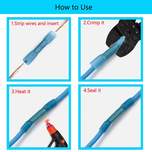 ESUPPORT 50Pack Blue Heat Shrink Butt Wire Electrical Crimp Terminal Connector, 14-16 AWG