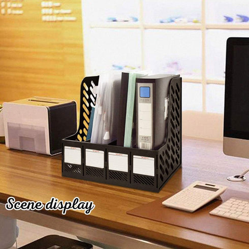 SAYEEC 4 Compartment File Holder, Plastic Magazine Organizer with Blank Labels for A5 Notebook Storage