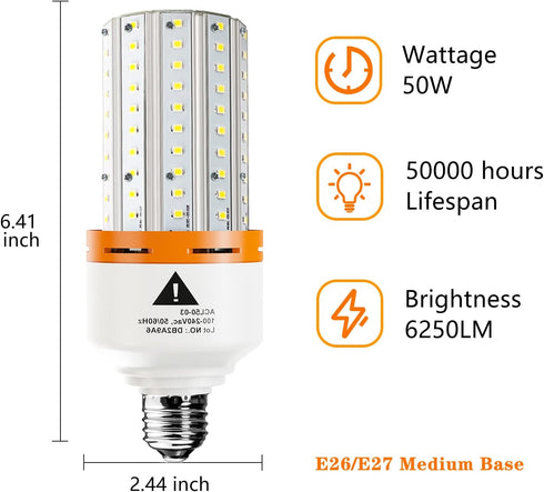 Led Light Bulb, 400W Equivalent 6250 Lumen 5000k Super Bright led Bulb,E26/E27 Medium Base 50W led Corn Light Bulb for Outdoor Indoor Lamp Area Garage Warehouse Workshop Street Backyard 2 Pack by RIUVAO