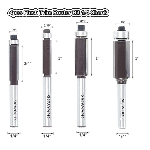 4pcs 1/4 Inch C3 Trimming 1/4, 5/16, 3/8, 1/2 Flush Trim Router Bit Shank, Top Bearing Template Router Bit, Updated