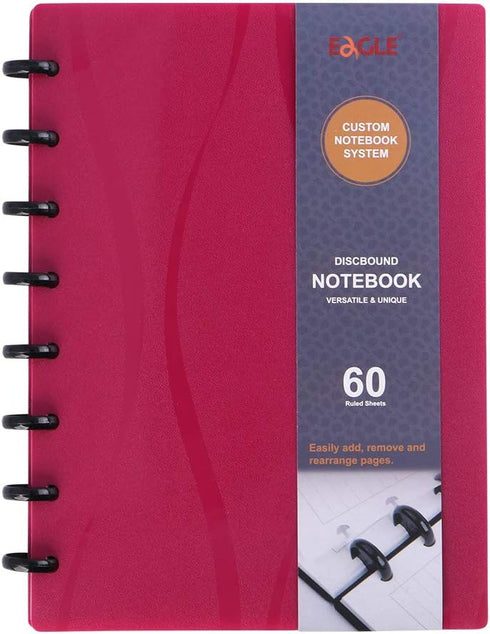 Eagle Discbound Notebook, Customizable Junior Size, Poly Cover, 60 Sheets Ruled/Lined Pages (Red)
