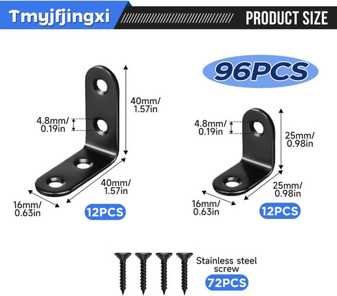 24Pcs 2Sizes 72Pcs (1x1inch 1.57x1.57inch) YY024-B Black L Corner Brackets for Shelves Heavy Duty Angle L Shelf Bracket