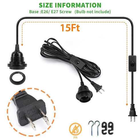Jacqings E26/E27 15ft, Hanging Lantern Extension Cord Cable, Pendant Light Socket with On/Off Switch Hanging Lamp, Lamp