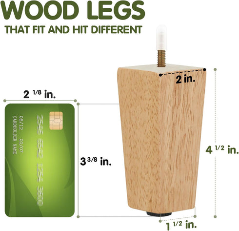 Yes4All 4.5 Inches Set 4 Square Wood Furniture Legs of - Wooden Replacement Feet for Couch, Bed, Bench - Adjustable