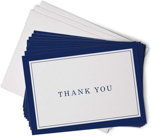 Hill Valley Greetings Navy Blue Formal Thank You Cards with Border - 48 Classic Note