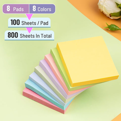 Sticky Notes 3x3 Inches, 8 Pads, 800 Sheets, 8 Color Sticky Note Pads, Premium Sticky Pads, Sticky Notes Bulk, Self-Stick Note Pads, 100 Sheets/pad by AUYAARS