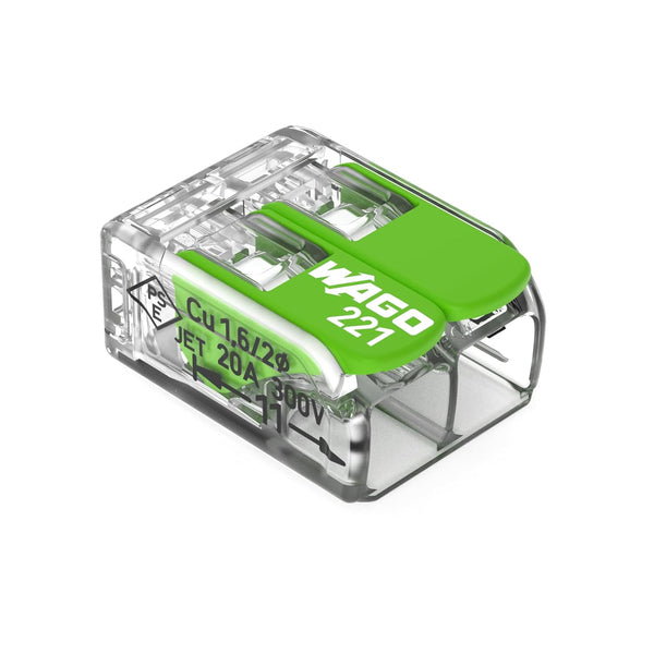 221-422 WAGO Splicing Connector Green Range, 2-Conductor with levers for Solid, Stranded and fine-Stranded Conductors