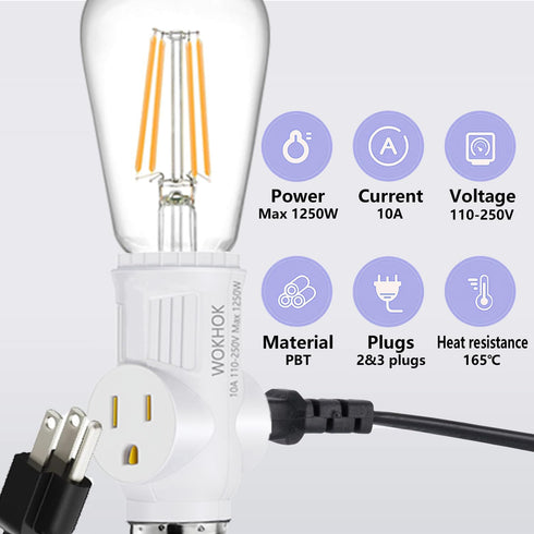 Light Socket to Plug Adapter, 2/3 Prong Converter for Garage Porch, 2 Pack (White)