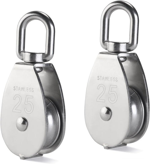 2Pcs 25MM Single Pulley Block in 304 Stainless Steel M25 - Loading 400kg, Silver
